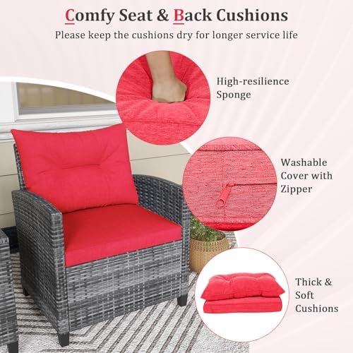 KOTEK 3 Piece Patio Furniture Set, Outdoor PE Rattan Conversation Set with Washable Cushions & Tempered Glass Tabletop, Wicker Chairs and Table Set for Porch, Garden, Balcony (Red) - Image 4