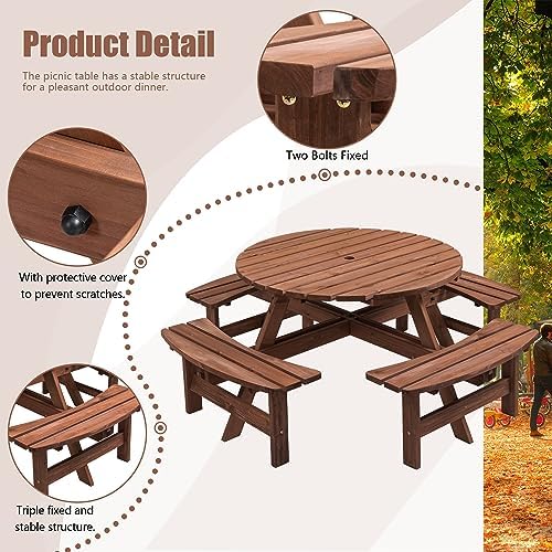43.3'' Round Outdoor Dining Table Wooden Patio Dining Table & 4 Curved Built-in Bench for 8, 2" Umbrella Hole, Suitable for Backyard Garden Porch, Brown - Image 3