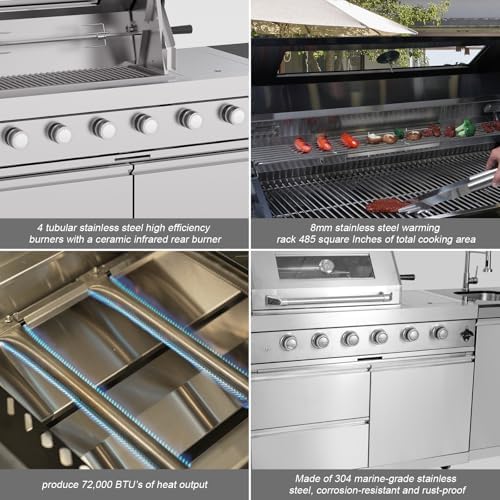 98.4 Inch Outdoor Kitchen Island, 72000 BTU Modular Propane Gas Grill Combination With Refrigerator and Sink, Outdoor Stainless Steel Barbecue Bar, Propane Grill for Patios, Gardens, Parties - Image 4