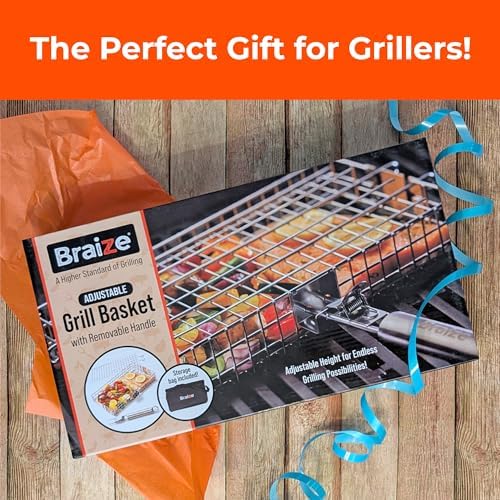 Adjustable Grill Basket with Removable Handle – 4 Height Levels for Vegetables, Meat, Fish & More – Locking Lid - Basting Brush, Scrub Sponge & Storage Bag for Outdoor Cooking - Image 5