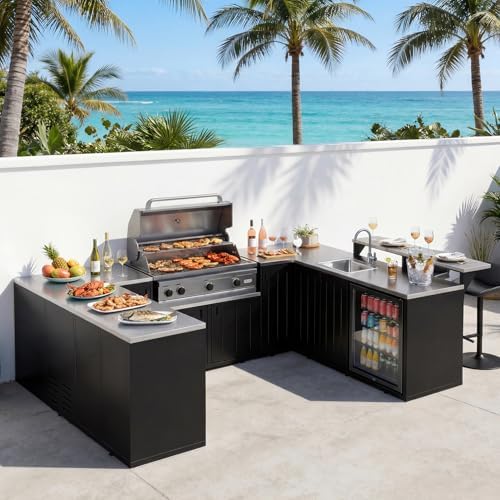 130“ Large Outdoor Kitchen Island for BBQ Gas Grill, Black by PIAOMTIEE