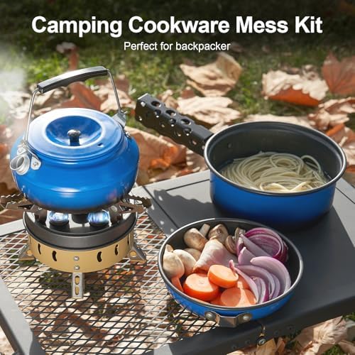 Odoland 5pcs Camping Cookware Non-Stick Camping Pot and Pan Set with Kettle and Removable Handle for Hiking Backpacking and Picnic - Image 3