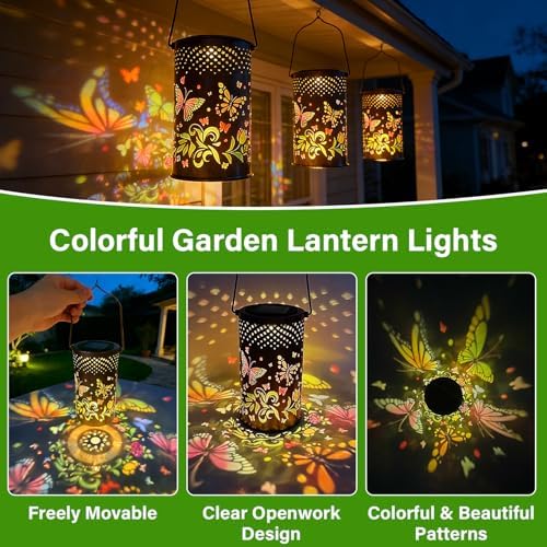 Colorful Solar Lanterns Outdoor Waterproof, Garden Decor LED Butterfly Solar Lights Gifts for Women Mom Sister Grandma, Metal Hanging Lantern for Outside Table Tree Garden Patio Yard Lawn Porch Decor - Image 6
