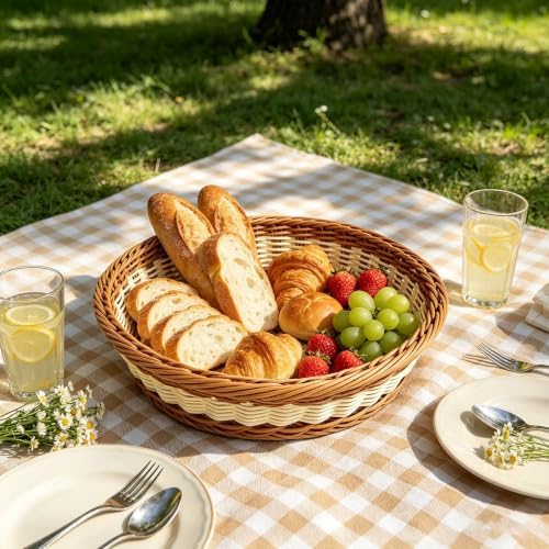 RT&BS Large Round Wicker Bread Basket, Round Wicker Fruit Basket, Woven Egg Baskets, Reusable Handwoven Storage Baskets for Living Room, Kitchen, Store, Restaurant, Outdoor, Party (Bicolor, L) - Image 5