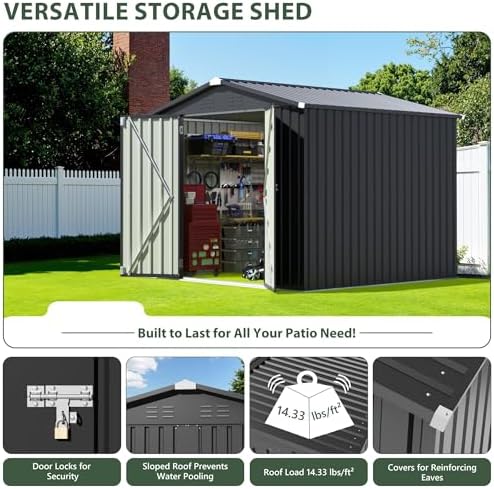 JUMMICO 8x8 FT Outdoor Storage Shed, Tool Metal Sheds, Black - Image 4
