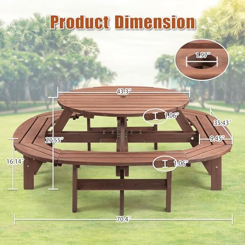 QUAWIPRound Outdoor Wooden Picnic Table for 10-12 People for Deck, Backyard, Garden and DIY with 1 Built-in Circular Bench, 1500 lbs - Walnut Brown - Image 2