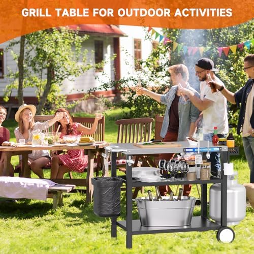 Grill Table, Stainless Steel Grill Cart with Three-Shelf, Movable Pizza Oven Table with Side Tray ＆ Trash Bag Holder, Outdoor Grill Stand with Hooks for Food Prep, Outside Tailgating, Camping - Image 7