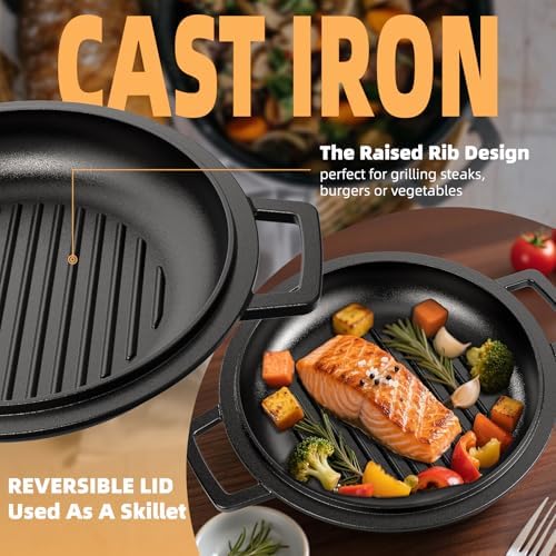 2-in-1 Pre-Seasoned Cast Iron Double Dutch Oven Pot with Skillet Lid & Silicone Sleeves – Raised Rib Skillet Lid– Umite Chef 7QT Cast Iron Skillet Cookware Pan Set wirh Dual Handles – Oven, Grill, Campfire & Stovetop Safe –PFAS-Free - Image 7