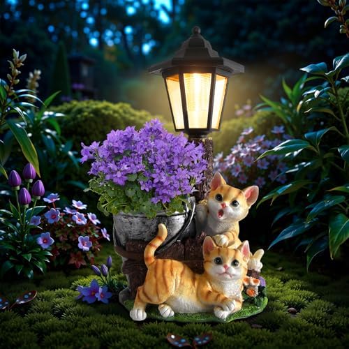 Solar Cat Outdoor Statues, Garden Sculptures with Flowerpot & Lantern by YEPOTUE