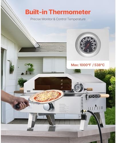 Outdoor Pizza Oven, 13 inch Gas Powered Pizza Maker with Thickened Cordierite Stone & Built-in Thermometer, 2-in-1 Portable Outside Gas Grill & Oven for Backyard & Camping, Stainless Steel - Image 3