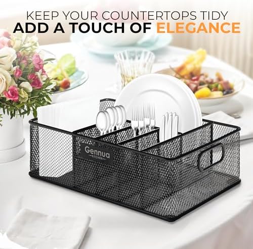 Gennua Kitchen Paper Plate Organizer for Cabinet, Counter, Picnics, Parties & More, Extra Large Utensil Caddy Crafted of Thick Iron Mesh With 6 Compartments for Paper Plates & Plastic Silverware - Image 5