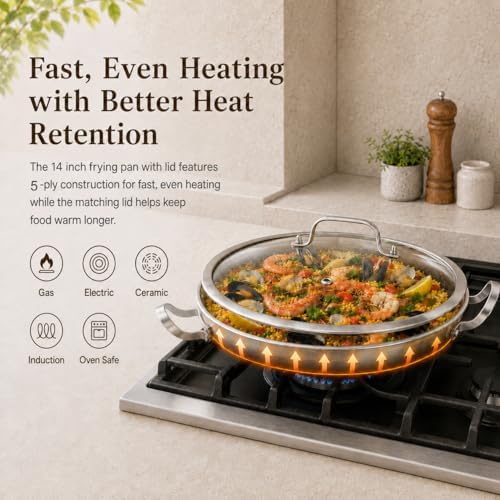 DELARLO Paella Pan 14 Inch Tri-Ply Stainless Steel Paella Pan with Lid Nonstick Frying Pan, Hybrid Induction Large Skillets,Great for Paella Parties Indoors Outdoors,Heavy Duty Style - Image 6