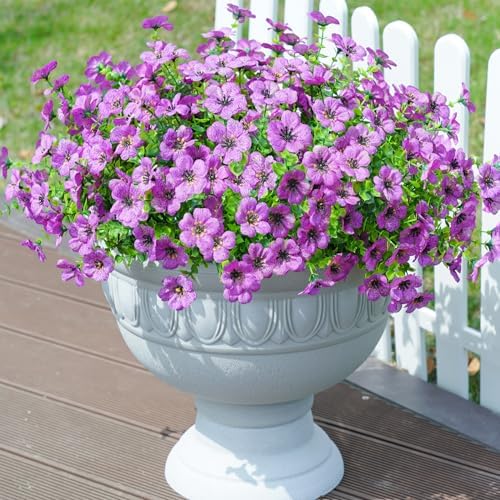 Daisy Artificial Flowers for Outdoors Decor, 12 Bundles Faux Daisy with Eucalyptus Fake Plants Greenery UV Resistant Look Real Colorful Faux Flowers for Outside Planter Porch Patio Yard Garden, Purple - Image 3