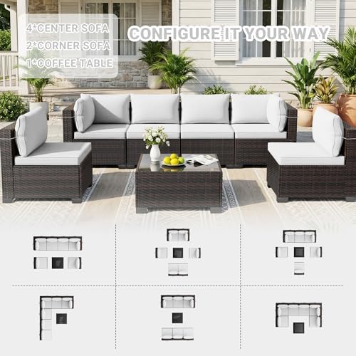 LEVELEVE 7-Piece Outdoor Patio Furniture Sets, Manual Weaving Rattan Conversation Sectional Sofa with Tempered Glass Coffee Table, All-Weather PE Wicker & Thick Cushions for Garden, Backyard, Porch - Image 2