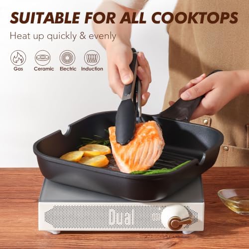 SENSARTE Nonstick Grill Pan with Lid, Grill Pan for Stove Tops, Versatile Griddle with Pour Spouts, Square Big Cooking Surface, Durable Skillet Indoor & Outdoor Grilling. PFOA Free, 9.5 Inch - Image 6