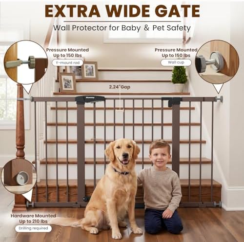Mumeasy 29.7–51 Inch Extra Wide Baby Gate for Stairs, Extra Long Indoor Dog Gate for Doorways, Pressure Mounted Walk Thru Child Gate with Auto-Close, No-Drill Safety Pet Gate with Door for House,Brown - Image 4