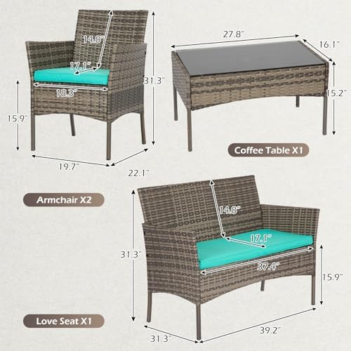 FDW 4-Piece Patio Furniture Set | Gray & Blue | Outdoor Wicker Furniture - Image 3