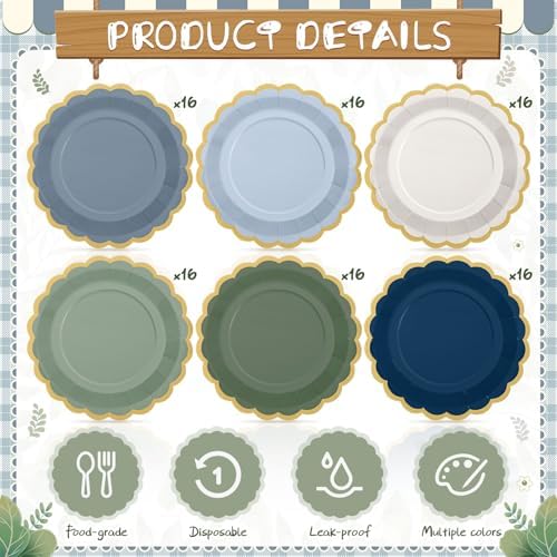 96 Pcs Dusty Blue Sage Green Paper Plates 9 Inch Scalloped - Image 4