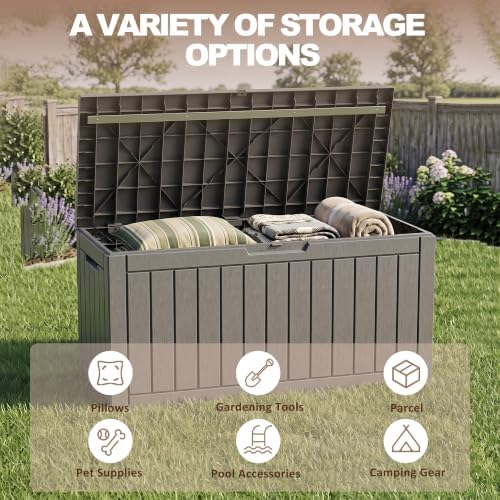 110 Gallon Deck Box, Lockable Waterproof Resin Outdoor Storage Box, Weatherproof Container for Garden Tools, Indoor Cushions & Outside Accessories (Grey) - Image 5