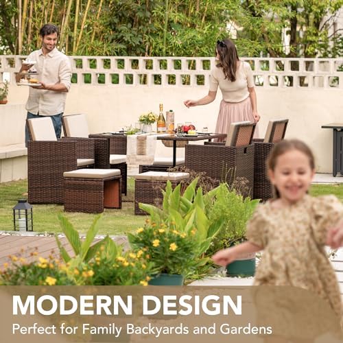 Devoko 9 Pieces Patio Dining Sets Outdoor Space Saving Furniture Sets,Beige - Image 5