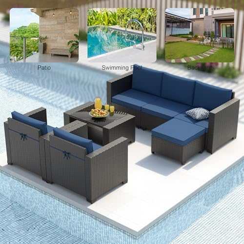 Patio Furniture Set, 7PCS Outdoor Sectional with Ottoman Wicker Rattan Patio Couch with Thickened Cushion Modular Wicker Patio Conversation Set with Glass Top Table for Balcony, Backyard (Dark Blue) - Image 7