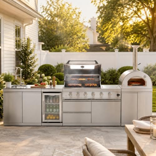 108,000 BTU Modular Outdoor Kitchen,125" Stainless Steel Propane Grill with Built-In Pizza Oven,Standalone Side Burner,Rotisserie,Refrigerator,Granite Countertop,Storage Drawers & Cabinets. - Image 3