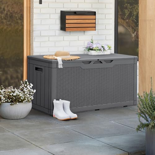 Greesum 100 Gallon Resin Patio Storage Box for Garden Tools, Gray - Image 4