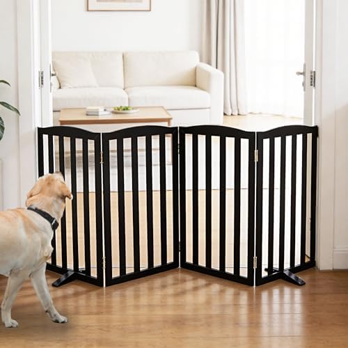 Freestanding Dog Gate Indoor,Doggie Gate Foldable Pet Gates for Doorways,Stairs or Hallways, Wooden Black Pet Gate for the House, Pet Fence with Support Feet Included,32 "Height-4 Panels by SFJC