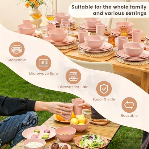 Homienly Unbreakable 40 PCS Wheat Straw Dinnerware Sets Service for 8 Pink - Image 6