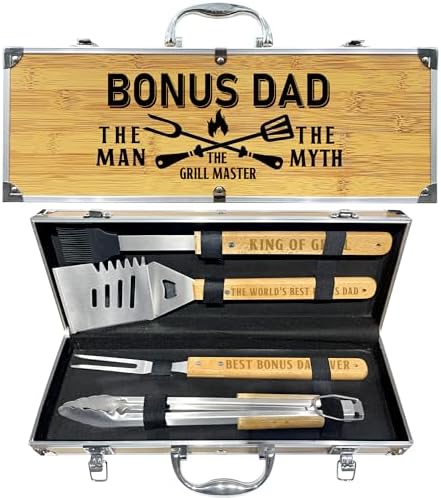 Bonus Dad Gifts from Bonus Daughter Christmas, Heavy Duty Wooden BBQ Grilling Accessories Kit for Backyard, Thick Stainless Steel Grill Utensils with Non-Slip Handle Tools in Portable Bag by Taesun