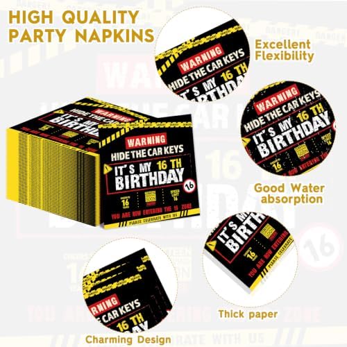 96 PCS Caution Logos 16th Birthday Party Paper Plates and Napkins 16 Years Old Party Decor Warning Sign Themed Teens 16th Dinnerware for Boys Girls 16 Years Old Birthday Gatherings Decorations - Image 4