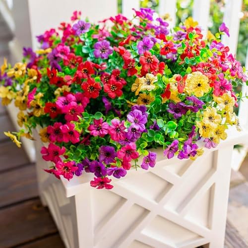 Daisy Artificial Flowers for Outdoors Decor, 12 Bundles Faux Daisy with Eucalyptus Fake Plants Greenery UV Resistant Look Real Colorful Faux Flowers for Outside Planter Porch Patio Yard Gardens, Mix - Image 3