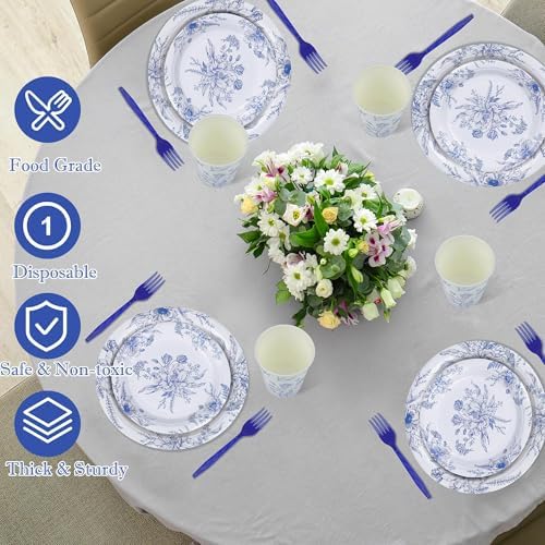 Kochorie 144 Pieces Blue and White Flower Print Party Tableware Sets Including Disposable Plates Napkins Cups Forks Serves 24 for Wedding Birthday Baby Shower Party Supplies - Image 5