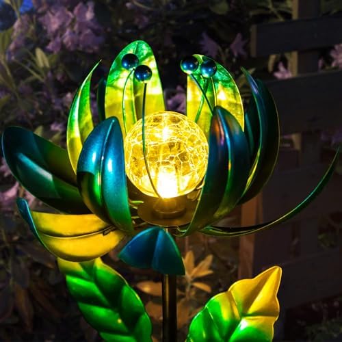 Solar Garden Lights Metal Flower Decor, Colorful Spinning Windmill Lotus Pathway Ligths with LED Cracked Crystal Ball Outdoor Decorative Stake Lighting Waterproof Flower Sculpture for Patio Yard - Image 2