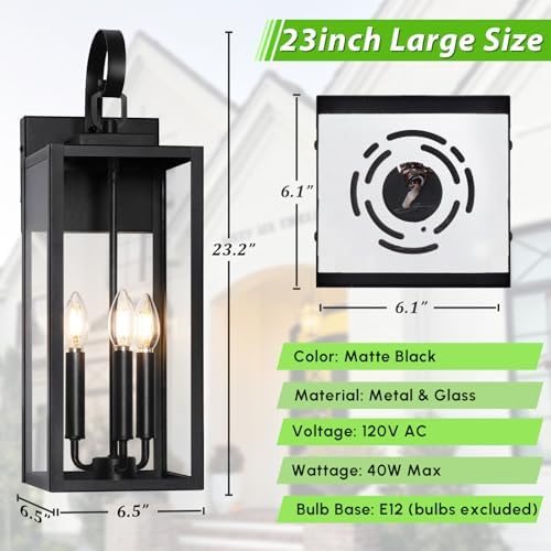 BesLowe 23" Large Outdoor Wall Light, 3-Light Black Exterior Sconce - Image 6