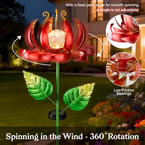 Solar Yard Lights Wind Spinners- Metal Lotus Flower Garden Decor LED Crackle Glass Globe Yard Art Sculpture Solar Stake Lights for Patio Pathway Lawn Walkway (Red-Large) - Image 4