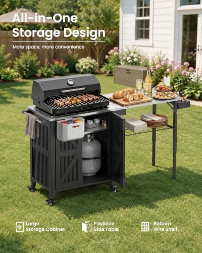 Outdoor Grill Cart with Storage Cabinet, 2-in-1 BBQ Prep Table with Foldable Side Shelf, Stainless Steel Top, Paper Towel Holder, Trash Bag Holder & Locking Wheels for Patio - Image 4