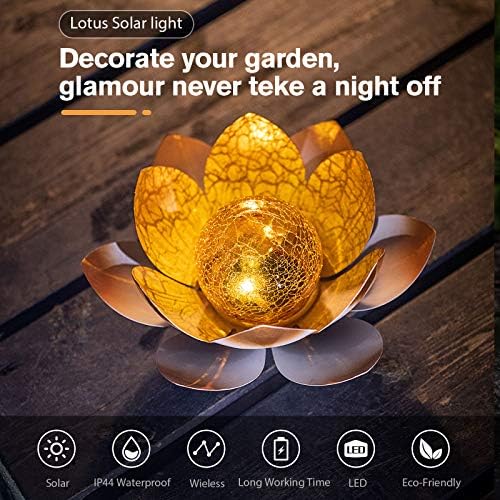 Huaxu Solar Lights Outdoor Garden Decorative Art Metal Lotus Cracked Glass Ball Waterproof Decorations for Pathway Lawn Patio Yard Ground Tabletop Gifts - Image 2