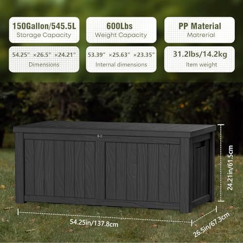 Outdoor Storage Box Waterproof, 150 Gallon Lockable Resin Deck Box Large, Patio Storage Bin for Pool Accessories Cushion Furniture, Garden Tools, UV-Resistant Outside Delivery Black - Image 2