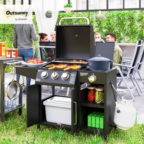 Outsunny 3 Burner Gas Grill with Side Burner and Shelves, 9.5 KW Output - Image 2