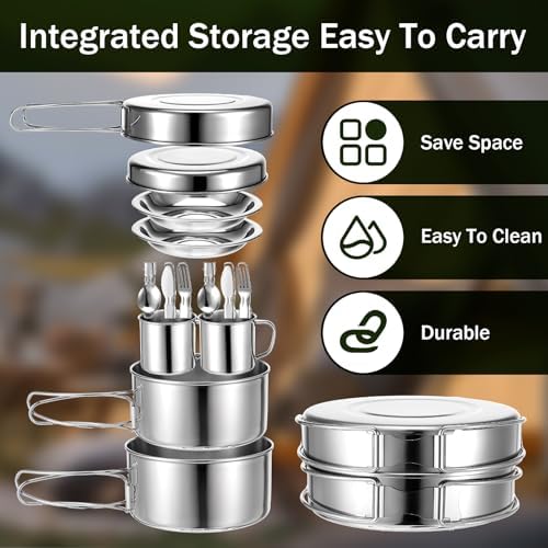 JJUNW 14Pcs Stainless Steel Camping Cookware Set, Lightweight Compact Camping Pots Pans Set with Cups Plates Forks Knives Spoons for Backpacking Camping-Cooking Hiking and Picnic - Image 3