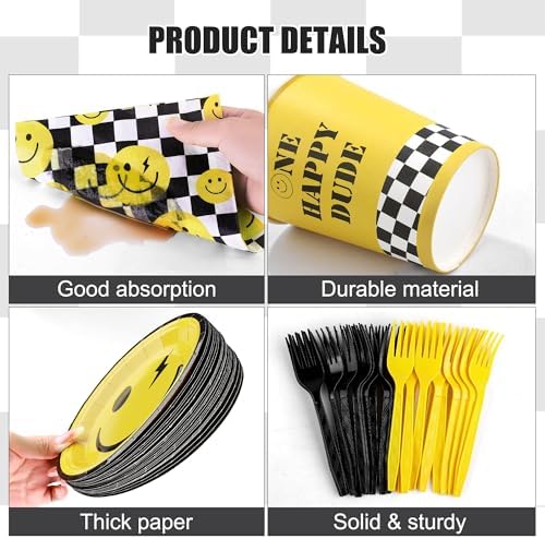 Kochorie 144 Pieces One Happy Dude Party Tableware Sets including Disposable Plates Napkins Cups Forks Serves 24 for Smiley Face 1st Birthday Preppy Party Decorations - Image 3