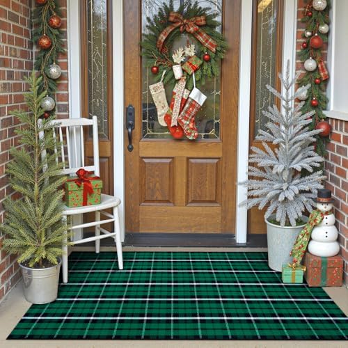 OJIA Christmas Outdoor Rug 3'x5' Front Door Mat Green Plaid Rug Porch Decor - Image 3