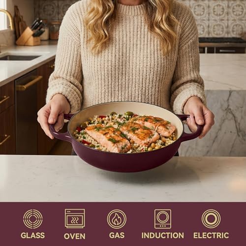 3 Quart Enameled Cast Iron Braiser, Non Stick Enameled Cast Iron Skillet with Lid, Dutch Oven Skillet with lid up to 500°F for Oven, Stove, Grill, Shallow Dutch Oven for Cook, Bake (Fig) - Image 4