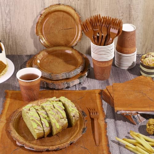 Kochorie 144 Pieces Camping Wood Grain Slice Tableware Sets Rustic Wood Party Decorations Paper Plates Napkins Cups Forks Serves 24 for Forest Themed Party Decorations Hunting Birthday Supplies - Image 4