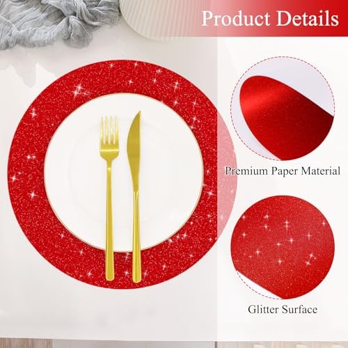 50 PCS Red Paper Placemats Round Place Mat Glitter Disposable Paper Charger Doilies Tablemats for Christmas Valentines Party Birthday Wedding Dinner Table Decor(13x13inch) - Image 3