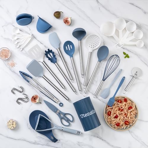 COOK WITH COLOR Silicone Cooking Utensils, Kitchen Utensil Set, Easy to Clean Silicone Kitchen Utensils, Cooking Utensils for Nonstick Cookware, Kitchen Gadgets Set, 38 Piece, Blue and White - Image 6