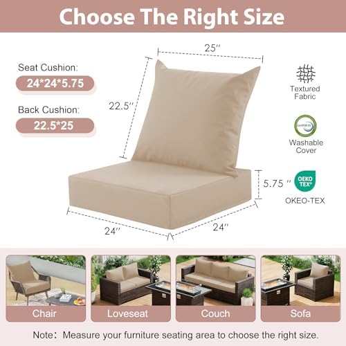 Outdoor Deep Seat Cushion Set, 24x24 Inch, Beige, Set of 2 - Image 2