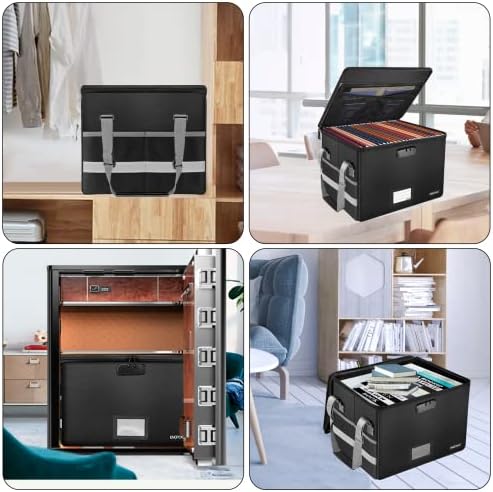 ENGPOW File Box with Lock,Fireproof Document Box with Zipper＆Pockets,Collapsible File Organizer Filing Storage Cabinet with Handle,Portable Home Office Safe for Hanging Letter/Legal Folder,Black - Image 2