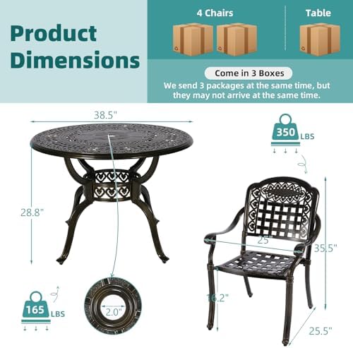 MEETWARM 5 Piece Patio Dining Set, Outdoor All-Weather Cast Aluminum Dining Furniture Set Includes 4 Chairs and 1 Round Table with Umbrella Hole for Garden Deck - Image 2